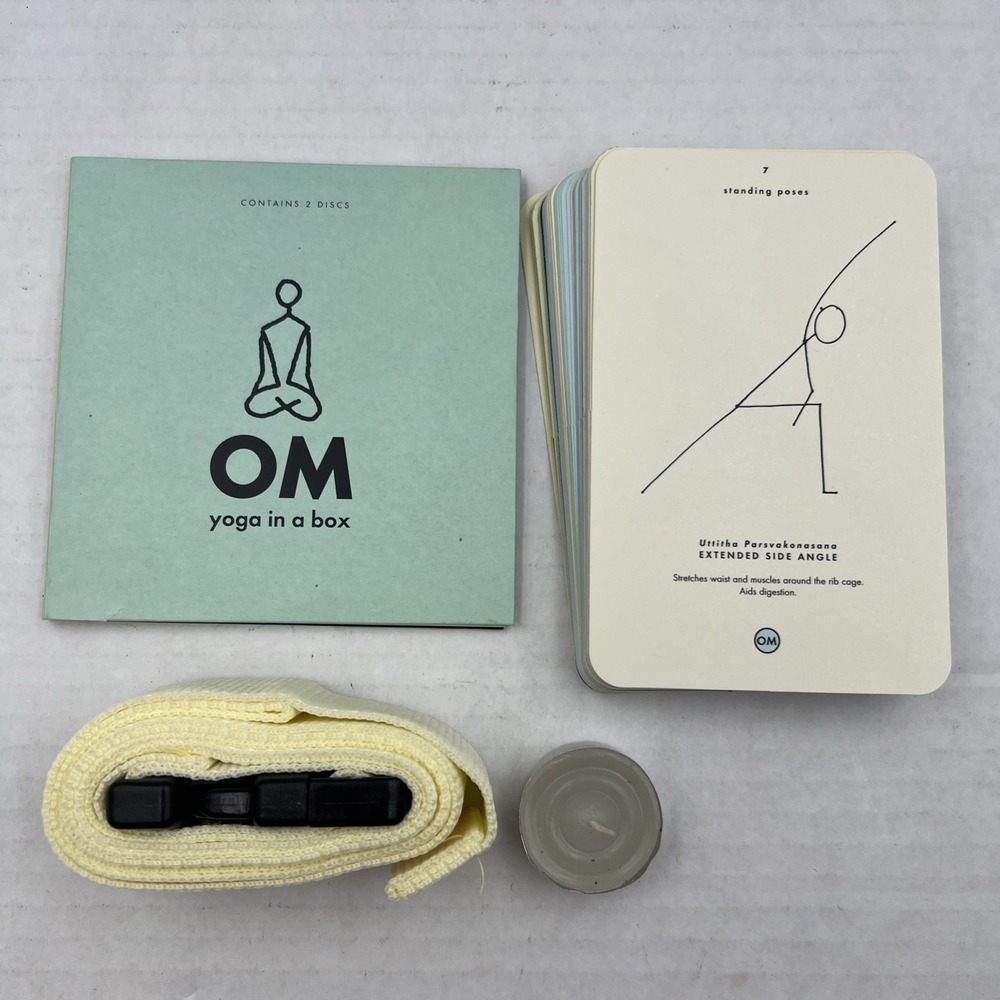OM Yoga in a Box Basic Level by Cyndi Lee 2 CDs Flash Cards Belt Incense‎ Candle